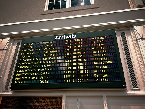The airplane arrivals schedule displayed on the screen at the airport. Savannah, Georgia, United States