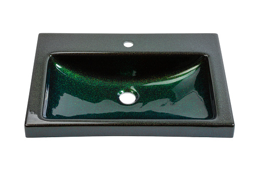 Acrylic sink in turquoise color isolated on white with metallic inclusions that create a shimmer and change color at different angles. Normal view.