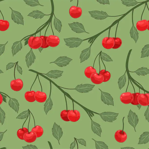 Vector illustration of Seamless pattern with cherry branches and berries. Vector graphics.