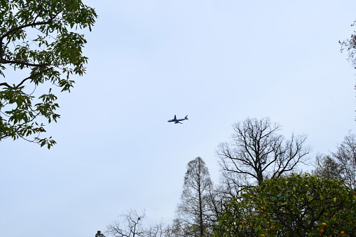 Royal Greenhouses of Laeken, Region de Bruxelles- Capital, Laeken, Belgium - April 27, 2023: British Airways commercial airplane flying above royal domain of Laeken