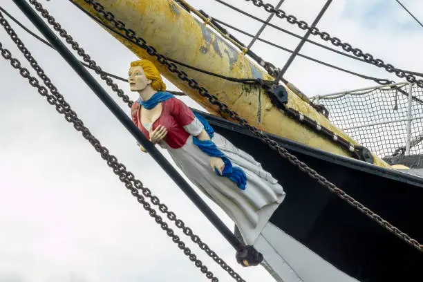 Glenlee's figurehead "Mary Doll". Glenlee is a three-masted ship in the harbour of Glasgow, Scotland UK. Black and white photography