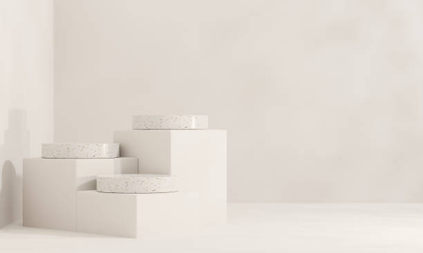 istock Brown and white pastel backdrop wall 3d render image mockup background of terrazzo podium in the circle. 1487706697