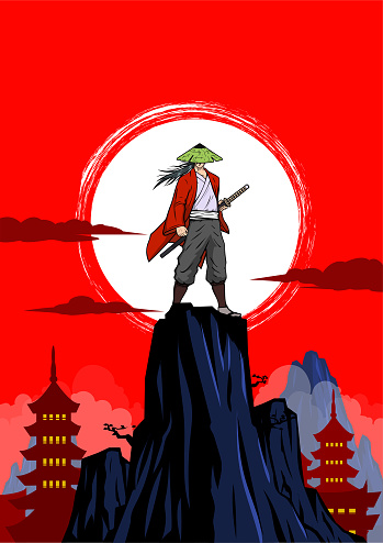 An anime style vector illustration of a samurai standing on a rock with Japanese temple in the background. Wide space available for your copy.