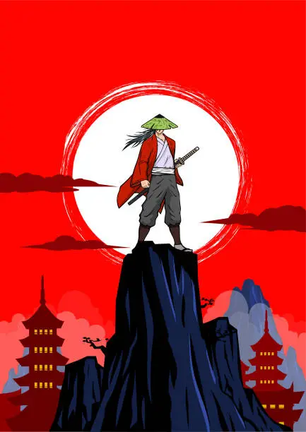 Vector illustration of Vector Anime Samurai on a Rock with Japanese Temple Silhouette Background Stock Illustration