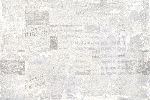 Newspaper paper grunge aged newsprint pattern background. Vintage old newspapers template texture. Unreadable news horizontal page with place for text, images. Grey color art collage.