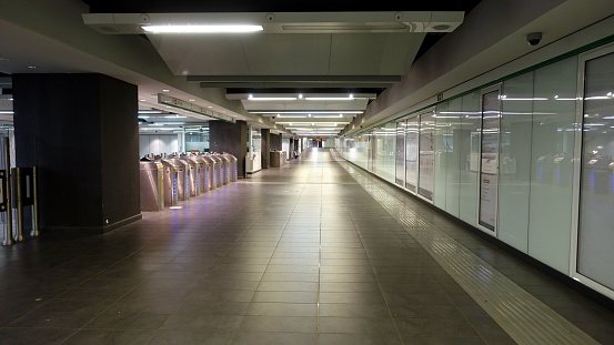 The deserted entrance to a metro station in Europe.