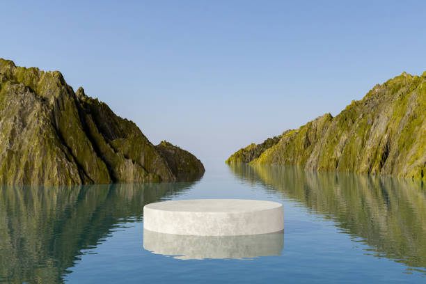 istock Abstract 3d render summer scene and Natural background, White stone podium floating on the sea, backdrop clear sky and mountain for product display, advertising or etc 1487712058