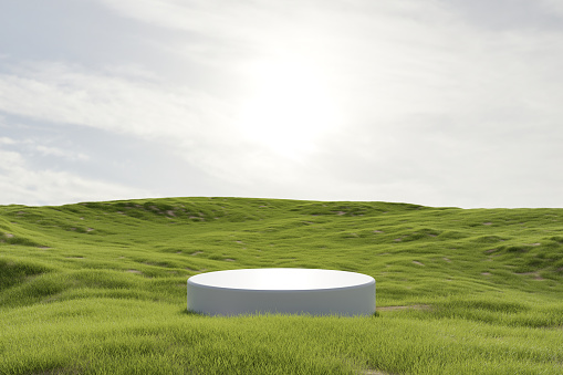 Abstract 3d render platform natural background, White podium on the grass field backdrop cloud and sky for product stand display advertising, cosmetic or etc