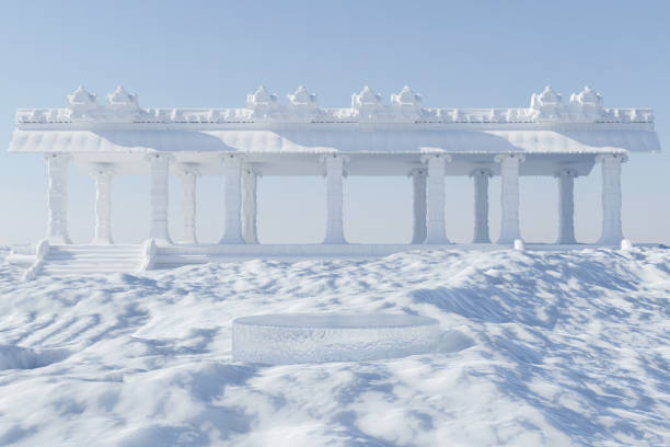 istock Abstact 3d render winter scene and Natural background, ice podium on the snow ground backdrop white pavilion and clear sky for product display, advertising or etc 1487712135