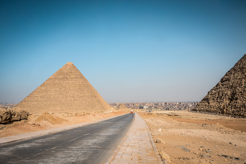 Pyramids and the Great Sphinx in Giza at sunset, Egypt