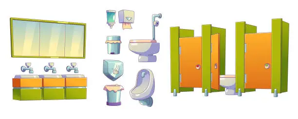 Vector illustration of Cartoon set of school toilet interior elements