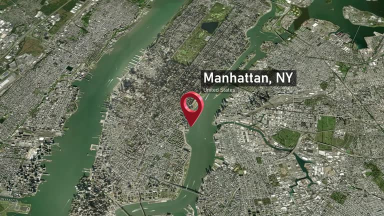 Manhattan City Map Zoom from Space to Earth, New York, USA