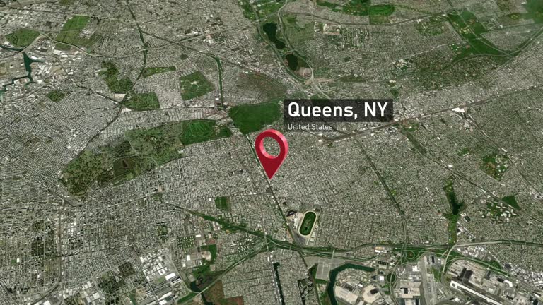 Queens City Map Zoom from Space to Earth, New York, USA