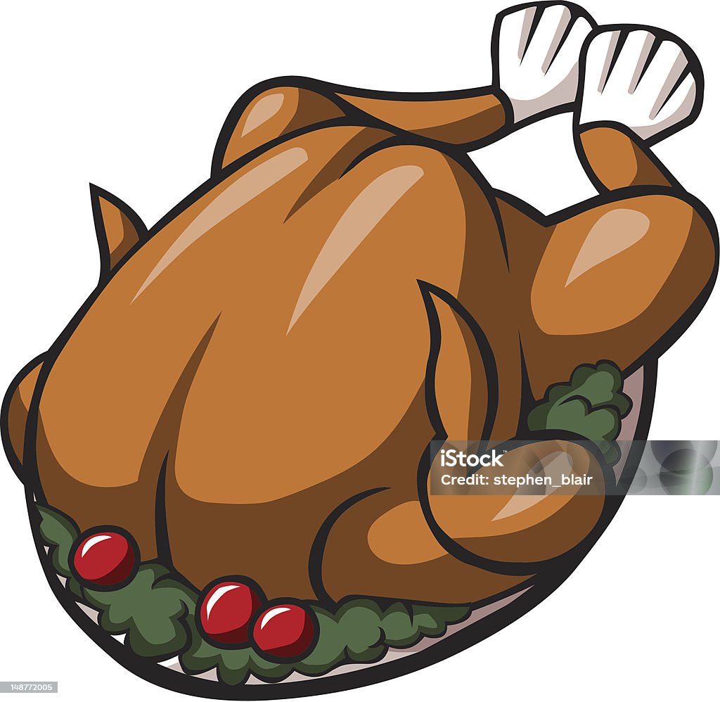 Cartoon Roast Turkey A delicious roasted Thanksgiving or Christmas turkey or chicken served on a platter with cranberry and parsley garnish. Roast Chicken stock vector