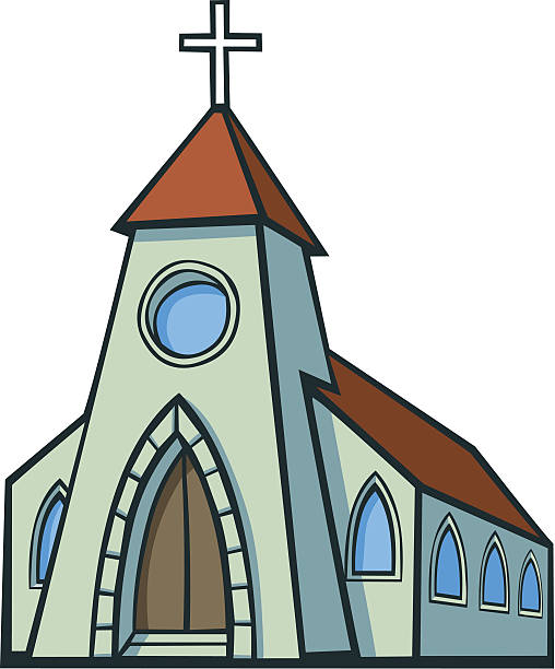 Cartoon Church A modern Christian church or cathedral with a crucifix on top of a steeple and spire. church clipart stock illustrations