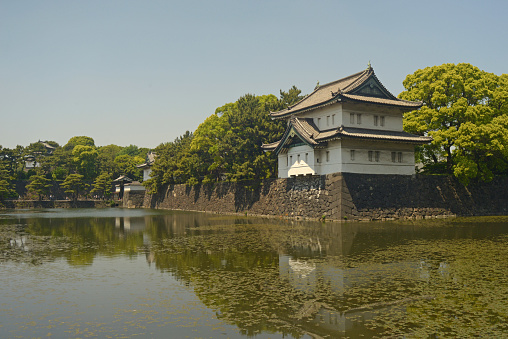 Tokyo, Japan - October 11, 2015: View of one of the towers in the corner of the Imperial Palace in Tokyo, Japan, as seen from the public Kokyo Gaien.