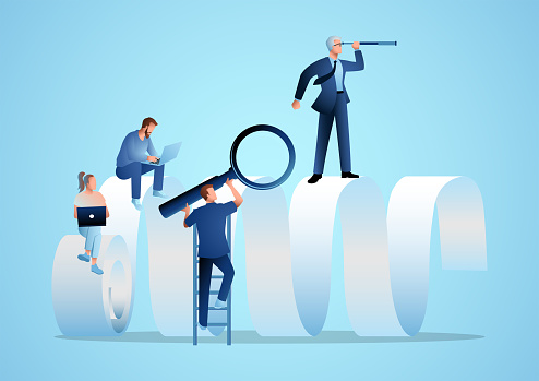 Business concept vector illustration of people on a giant paper scroll using a laptop, telescope, and magnifying glass. Business, data, survey and research concept