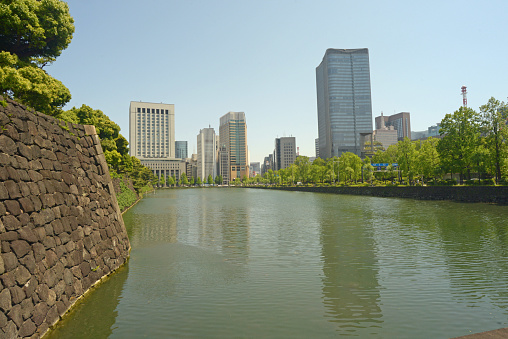 Photographed from the stone walls of the Imperial Palace toward Ginza from the Hibiya intersection, photographed data May 04, 2023, Chiyoda Ward, Tokyo, Japan.