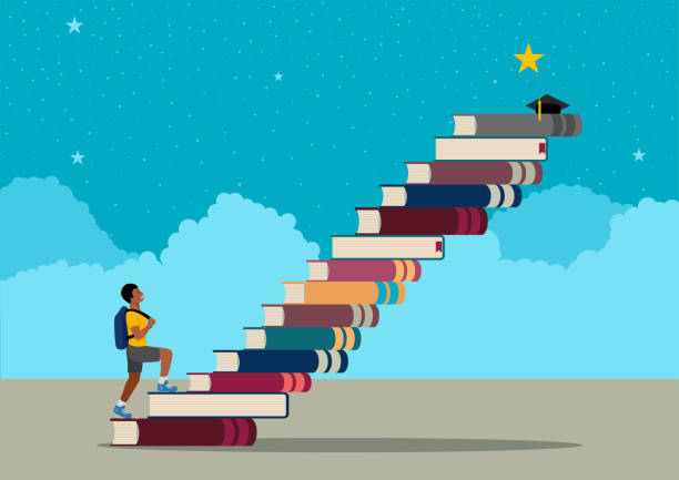 illustrazioni stock, clip art, cartoni animati e icone di tendenza di ragazzo afro con uno zaino che sale le scale fatte di libri per raggiungere le stelle - book child staircase steps