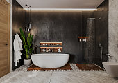 Modern Minimalist Bathroom Interior Design. 3D Rendering.