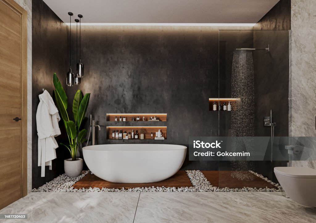 Modern Minimalist Bathroom Interior Design. 3D Rendering. Bathroom Stock Photo