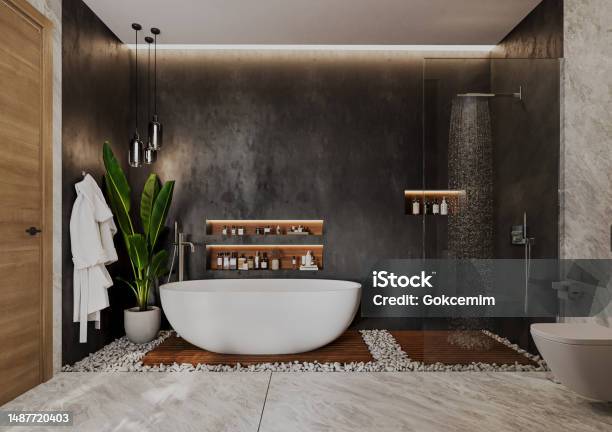 Modern Minimalist Bathroom Interior Design 3d Rendering Stock Photo - Download Image Now