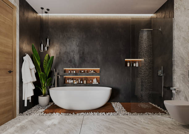 modern minimalist bathroom interior design. 3d rendering. - beautiful decor shower design imagens e fotografias de stock