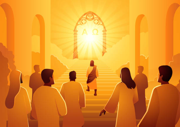 illustrazioni stock, clip art, cartoni animati e icone di tendenza di gesù conduce il gruppo di seguaci alla porta del cielo - rio de janeiro christ the redeemer jesus christ vector