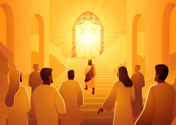 Vector illustration of Jesus leads the group of followers to the heaven gate