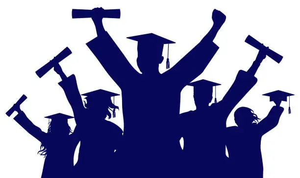 Vector illustration of Cheerful graduate students with diploma and academic caps, silhouette. Graduation at university or college or school.  Vector illustration.