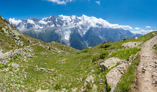 The panorama of Mont Blanc massif and Les Aiguilles towers.