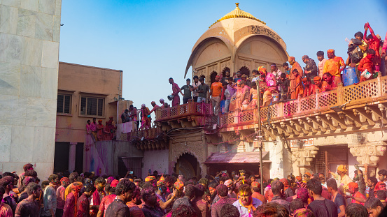 Group Of People Celebrating Holi Inside Of The Shri Nand Baba Temple At ...