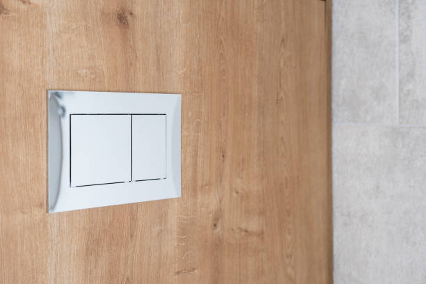 istock chrome toilet flush button on wooden wall 1487722295