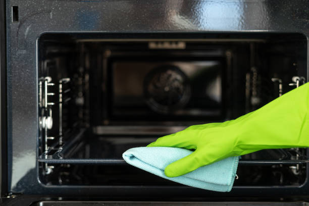 istock Housekeeper cleaning electric microwave using detergent and rag 1487722324