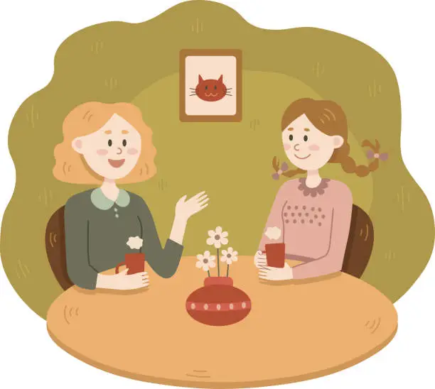 Vector illustration of Two girls drinking tea
