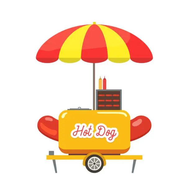 Vector illustration of Hot dog cart. Summer street food stall trolley.