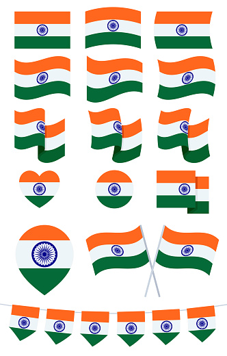 India Flag Set.India flag on the ropes on white background. Set of Patriotic bunting flags.