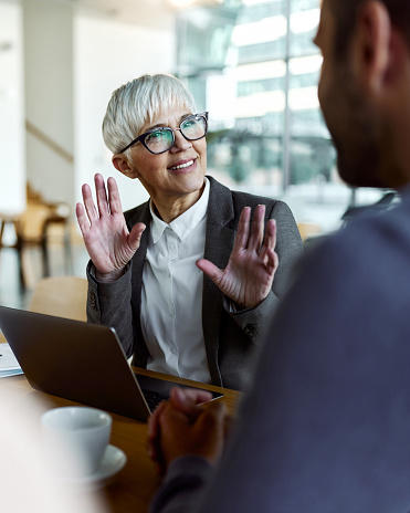 Happy senior real estate agent communicating with her customer on a meeting in the office.