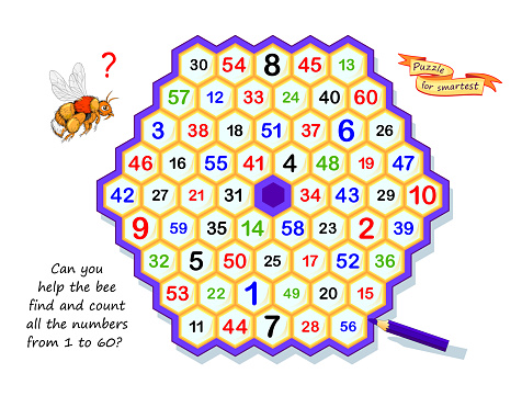 Logic puzzle game for smartest. Can you help the bee find and count all the numbers from 1 to 60? Task for attentiveness. Educational page for kids brain teaser book. Developing counting skills.