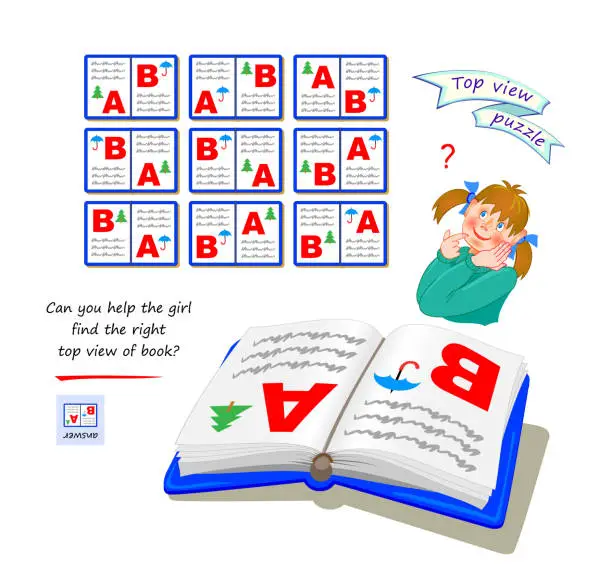 Vector illustration of Logic puzzle game for children and adults. Can you help the girl find the right top view of book? 3D maze. Page for brain teaser book. Developing spatial thinking. IQ test. Play online. Flat vector.