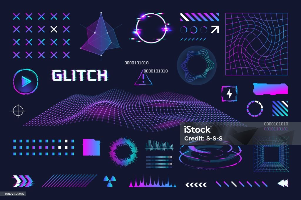 Retrofuturistic elements. Geometric y2k element, distorted grid wireframe for retro arcade or virtual game, neon rave 80s cyberpunk surreal memphis future pack vector illustration - Royalty-free Techniek vectorkunst Retrofuturistic elements. Geometric y2k element, distorted grid wireframe for retro arcade or virtual game, neon rave 80s cyberpunk surreal memphis future pack vector illustration - Royalty-free Techniek vectorkunst