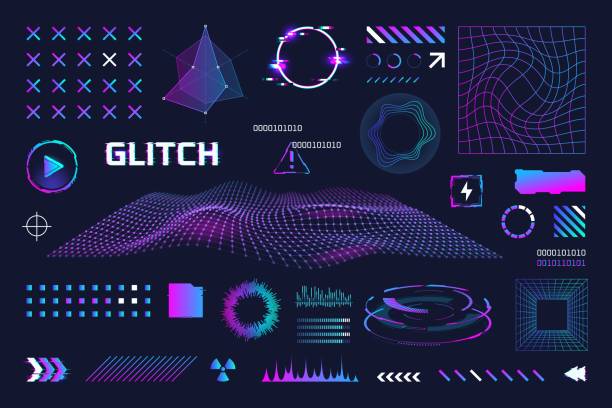stockillustraties, clipart, cartoons en iconen met retrofuturistic elements. geometric y2k element, distorted grid wireframe for retro arcade or virtual game, neon rave 80s cyberpunk surreal memphis future pack vector illustration - futuristisch