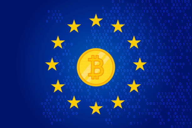 ilustrações, clipart, desenhos animados e ícones de mica - mercados em criptoativos bandeira de regulamentação da união europeia e mapa da europa de fundo. sinal de eu - european union coin illustrations