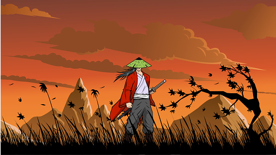 An anime style vector illustration of a samurai in a valley of tall grass with mountain range landscape in the background. Wide space available for your copy.