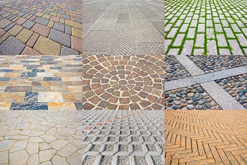 Collection of pictures about different modern an traditional paving for outdoor use made of stone, wood, pebbles and brick