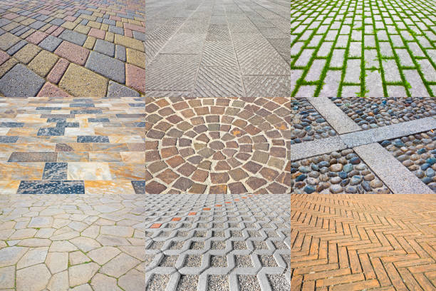 collection of pictures about different modern an traditional paving for outdoor use made of stone, wood, pebbles and brick - driveway brick paving stone interlocked imagens e fotografias de stock