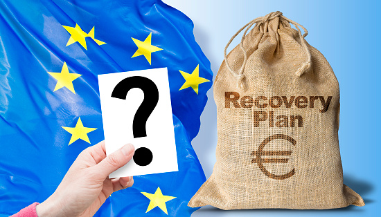 Doubts and uncertainties about the European Recovery and Resilience Plan against the crisis of the Covid virus pandemic - concept with european flag, jute bag of money and question mark