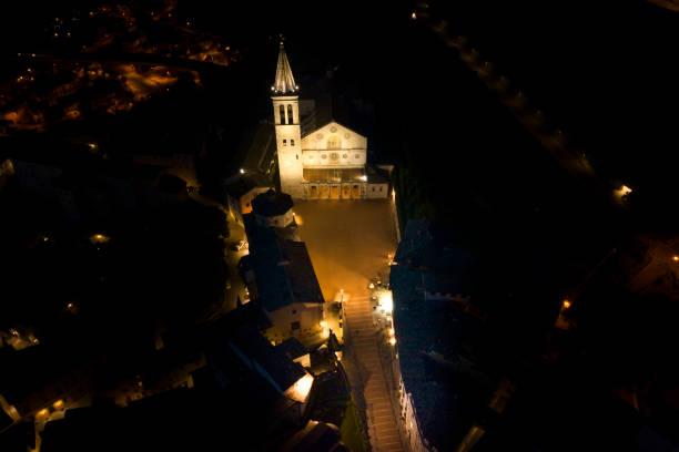 night aerial view of spoleto cathedral umbria italy - spoleto bildbanksfoton och bilder