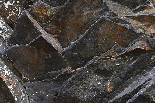 Close-up of schist cliff face near Mount Tom in Connecticut, showing the characteristic layers of this rock having split into irregular plates