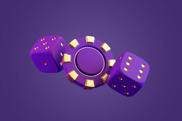 istock Poker chip and dices on a purple background 1487750963